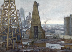 Drilling rigs for oil production in Texas around 1913, America, authentic reproduction of a school