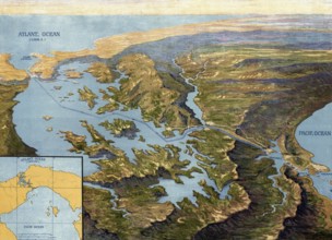 Panama Canal in 1913, map, Panama, authentic reproduction of a school mural, historical, exact date