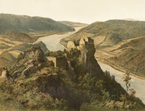 Burgruine Aggstein is the ruin of a Spornburg on the right bank of the Danube in the Wachau, 1890,