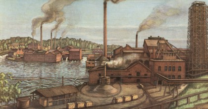 Cellulose production, paper mill around 1900, Denmark, authentic reproduction of a school mural,