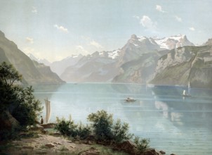 Lake Lucerne in 1890, Switzerland, authentic reproduction of a school mural, historical, exact date