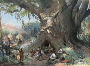 Negotiation under a baobab tree in Togo in 1905, Africa, authentic reproduction of a school mural,