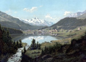 St. Moritz in Switzerland around 1890, authentic reproduction of a school mural, historical, exact