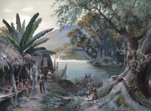 Natives in New Guinea around 1905, bay and village, authentic reproduction of a school mural,