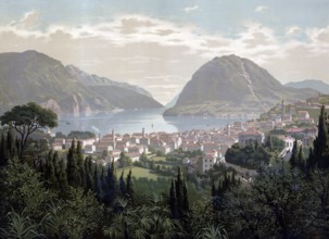 View of the city of Lugano and Lake Lugano, 1890, Switzerland, authentic reproduction of a school