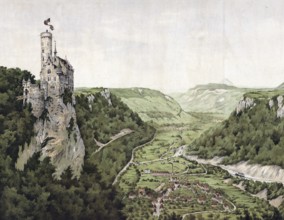 Lichtenstein Castle on a cliff on the Alb of the Swabian Jura, 1905, Baden-Württemberg, Germany,