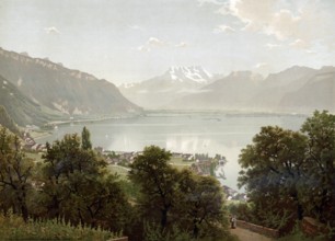 Lake Geneva in 1890, Switzerland, authentic reproduction of a school mural, historical, exact date