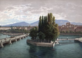 Geneva on Lake Geneva, 1891, Switzerland, authentic reproduction of a school mural, historical,