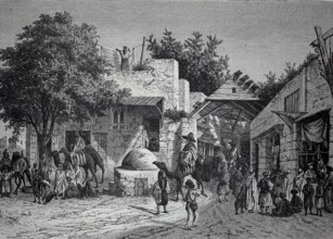Scene in the Tunis bazaar, customers and dealers, camels, around 1880, Tunisia, lively market scene