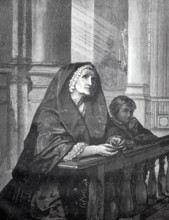 In prayer, mother and son are in church praying a rosary, 1880, Germany, older and younger person