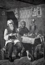 A farming family in their room, man and woman sitting at a table, 1880, Russia, Elderly couple in