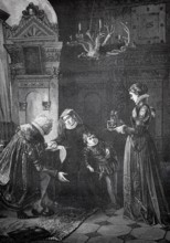 Condolence visit, distinguished man visits the widow in mourning, another woman serves him a drink,