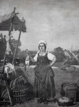 Game dealer, venison saleswoman with pheasants, duck and wild hare on sale, 1880, Germany, woman on