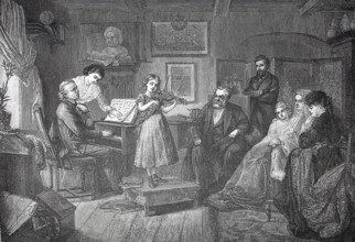 The little musician, girl playing the violin in front of the family, accompanied on the piano by