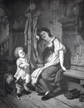 Where am I, mother playing hide and seek with her child, mother with child and dogs in front of a