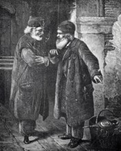Two veterans, two old bearded men talking on the street, around 1880, Two elderly men in friendly