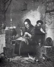 Old woman doing sewing work, sitting at the stove while a girl plays on the cats with balls of