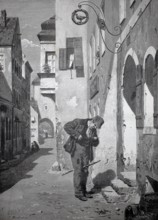 Man searches for the last change in his pockets in front of he enters an inn, a man stands in an