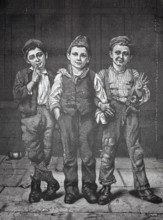 Playmates, three boys stand next to each other in an adventurous way, three boys stand close