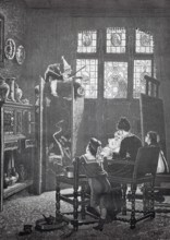 Puppet theatre, puppet theatre, children watch a puppet show, a family is sitting eating and a