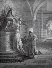 The crusader says farewell to the family in church, around 1100, France, A scene in a royal palace