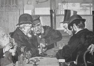 Four men playing cards in a tavern, 1880, Germany, men playing cards concentrated in a cozy room,