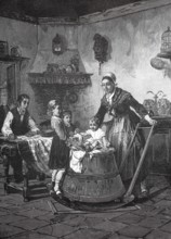 Family with three children in a farmhouse room, the children playing with a seesaw, 1880, Germany,