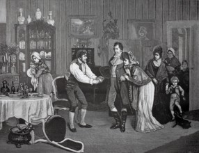 Unexpected visit by the family of the parents-in-law who suddenly stands in the room, 1880,