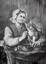 Elderly woman with her cat in the kitchen, at the kitchen table, 1880, Germany, elderly woman