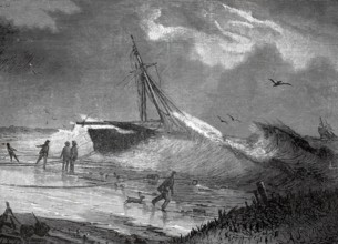 Stranded ship on the North Sea coast in Brittany, 1880, France, A shipwrecked ship on the beach