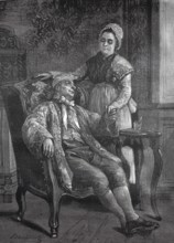 Woman visits her sick father who is sitting in an armchair, around 1880, A man relaxes in an