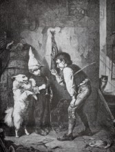 Two boys try to teach the domestic dog tricks, dressage, 1880, Germany, children playing with dog