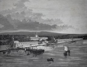 The exhibition building in Trieste, around 1881, Italy, harbor view with boats and historic