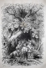 Children collect branches in the forest as firewood for home, 1880, Three children playing in