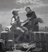 Chimney sweep and mason meeting and talking on a roof, snuff, craftsman offering another man a