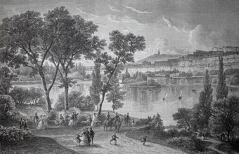 View of Lyon, around 1880, France, urban river landscape with walkers, sailboats and trees in the