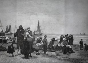Families of fishermen on Scheveningen beach waiting for the boats to return, 1880, Netherlands,