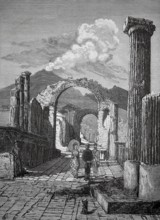 Forum Street in the ruined city of Pompeii, Mount Vesuvius in the background, 1880, Italy, tourists