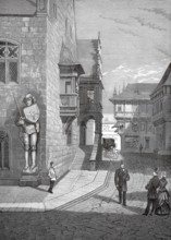 The town hall with Roland in Halberstadt in 1880, Saxony-Anhalt, Germany, A few people talking in a