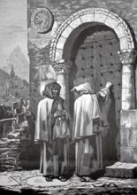 Spanish itinerant monks knocking on the gate of a monastery, 1880, Spain, Two monks knocking on an