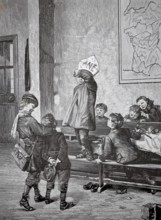 Children playing, tricksters, 1880, Germany, A child with a paper hat is looked at by other