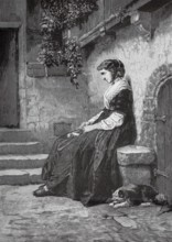 Lonely young woman sitting on a house wall, next to a small dog, sad, 1880, France, A young woman