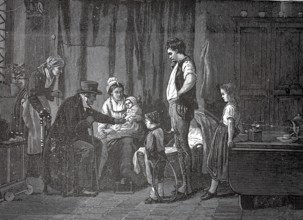 The doctor examines a sick toddler sitting on his mother's arms, family, living space, around 1880,