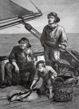 Fishermen return from fishing and have caught some fishermen, two men and a boy, apprentice, on the