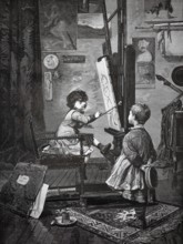 Children play an art painter, a boy tries to paint a portrait of his brother, 1880, A child paints