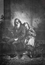 Old bearded man with a violinist, begging musician, sitting on a bench, his daughter leaning on