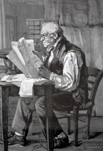 Old man reading a newspaper at a table, 1880, Germany, An elderly man concentrates on reading a