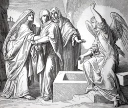 Biblical scene, the three woman at the grave of Jesus, angel proclaims a message of resurrection to