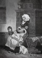 The children play hide and seek and the mother sits at the tiled stove and watches, 1880, Germany,