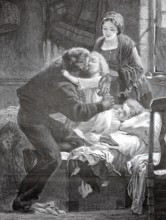 A miner says goodbye to his family in front of he goes to work, 1880, Germany, A loving moment